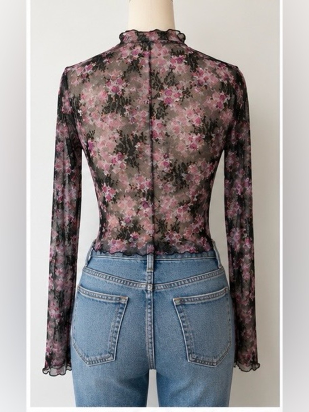 Intimately Free People Floral Mesh Mock Neck Sheer Top M Black Pink Long Sleeve - Picture 3 of 6